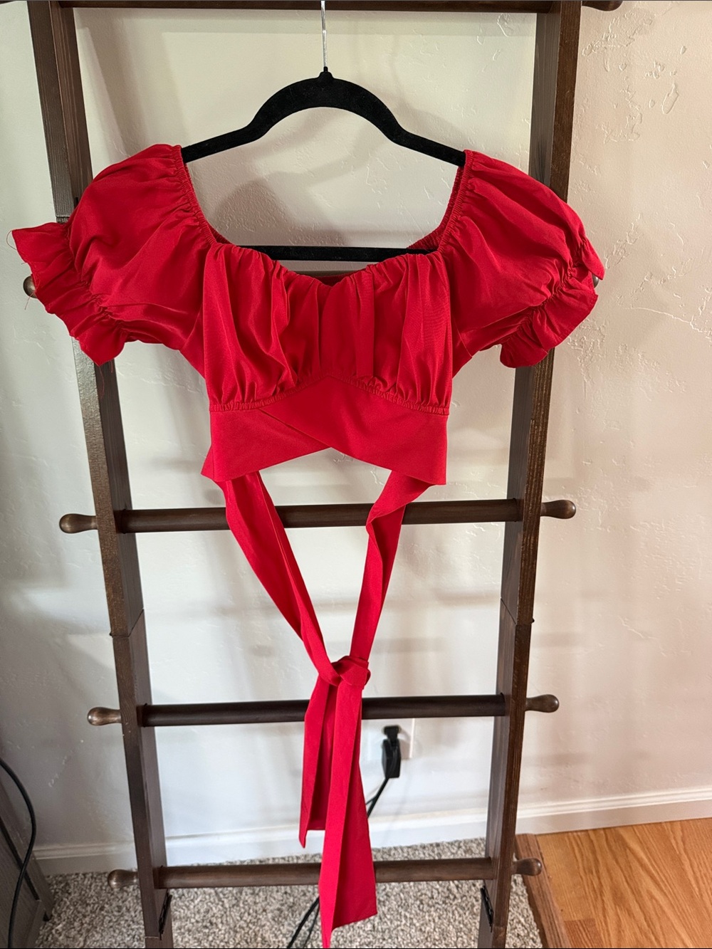 Red Puff-Sleeve Tie-Front Crop Top